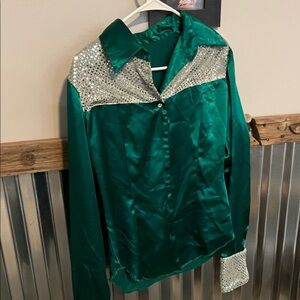 Green Satin Button Down Shirt with Silver Accents